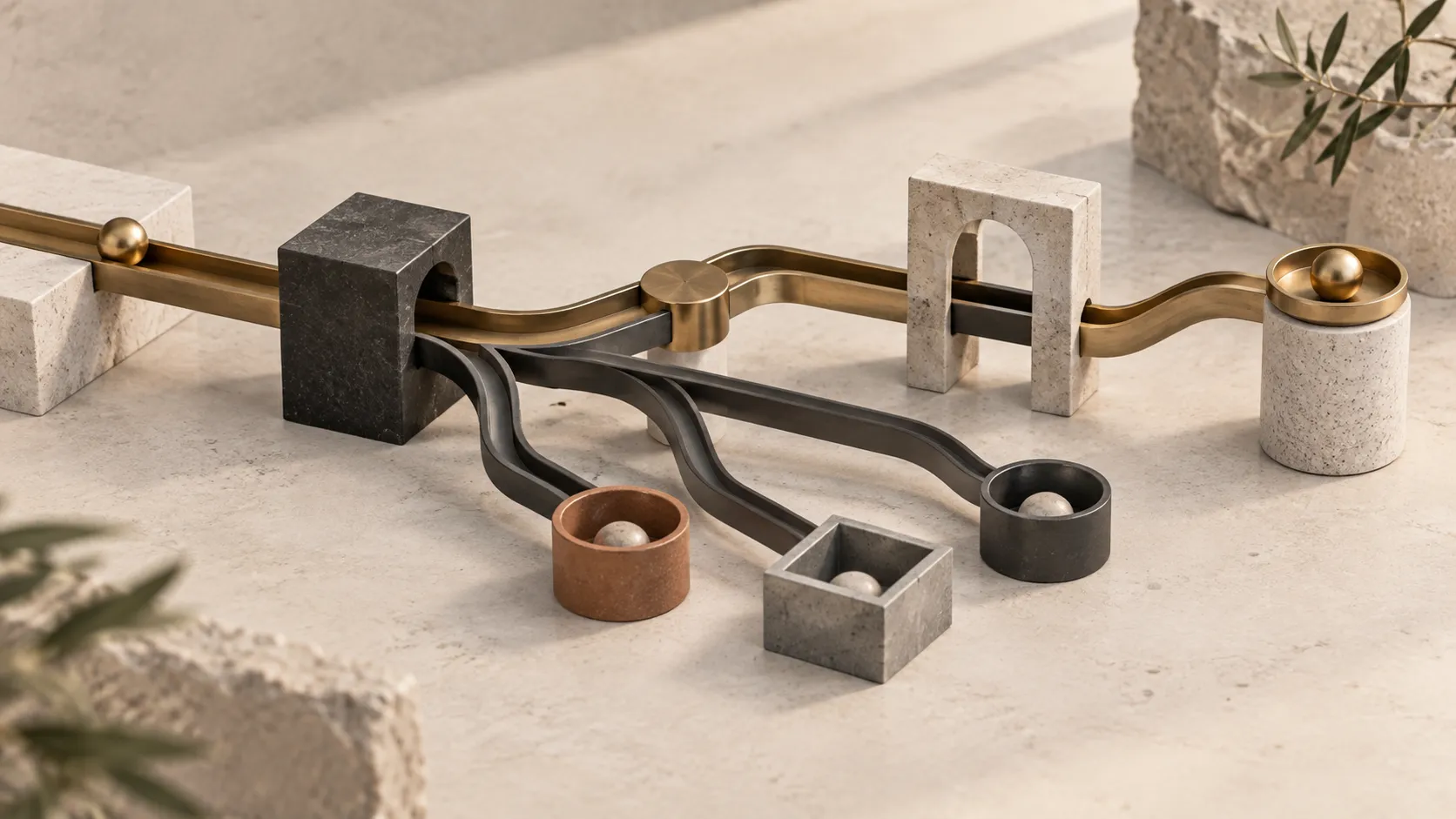 Abstract tabletop system carrying one clear signal through a connected series of channels and destinations.