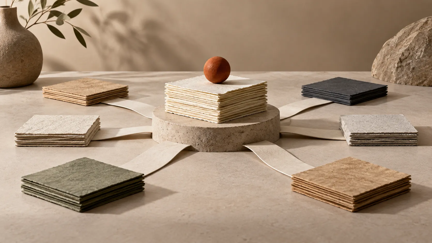 Abstract tabletop system with several information stacks connected to one carefully maintained central reference.