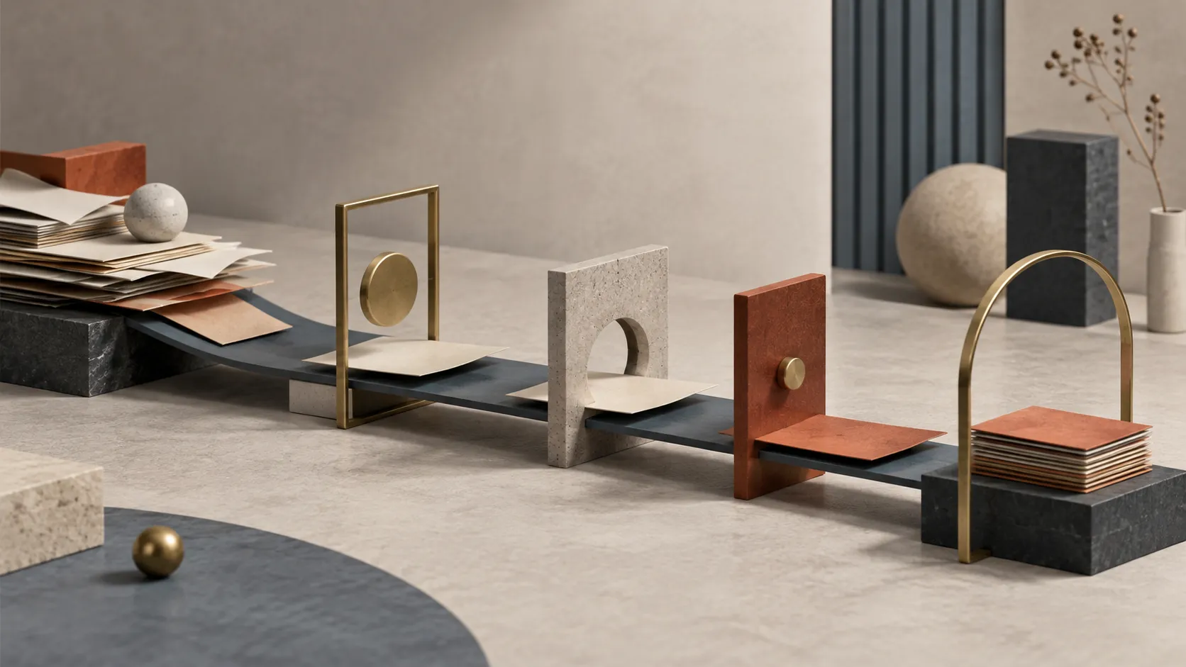 Abstract tabletop system with tactile forms moving through a deliberate series of approval gates.