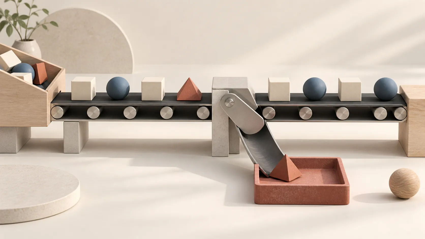 Abstract tabletop system with an orderly process and a deliberate side path for exceptions.